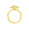 A profile view of the Oval cut diamond engagement ring in 14k yellow gold with a diamond channel band and cathedral setting