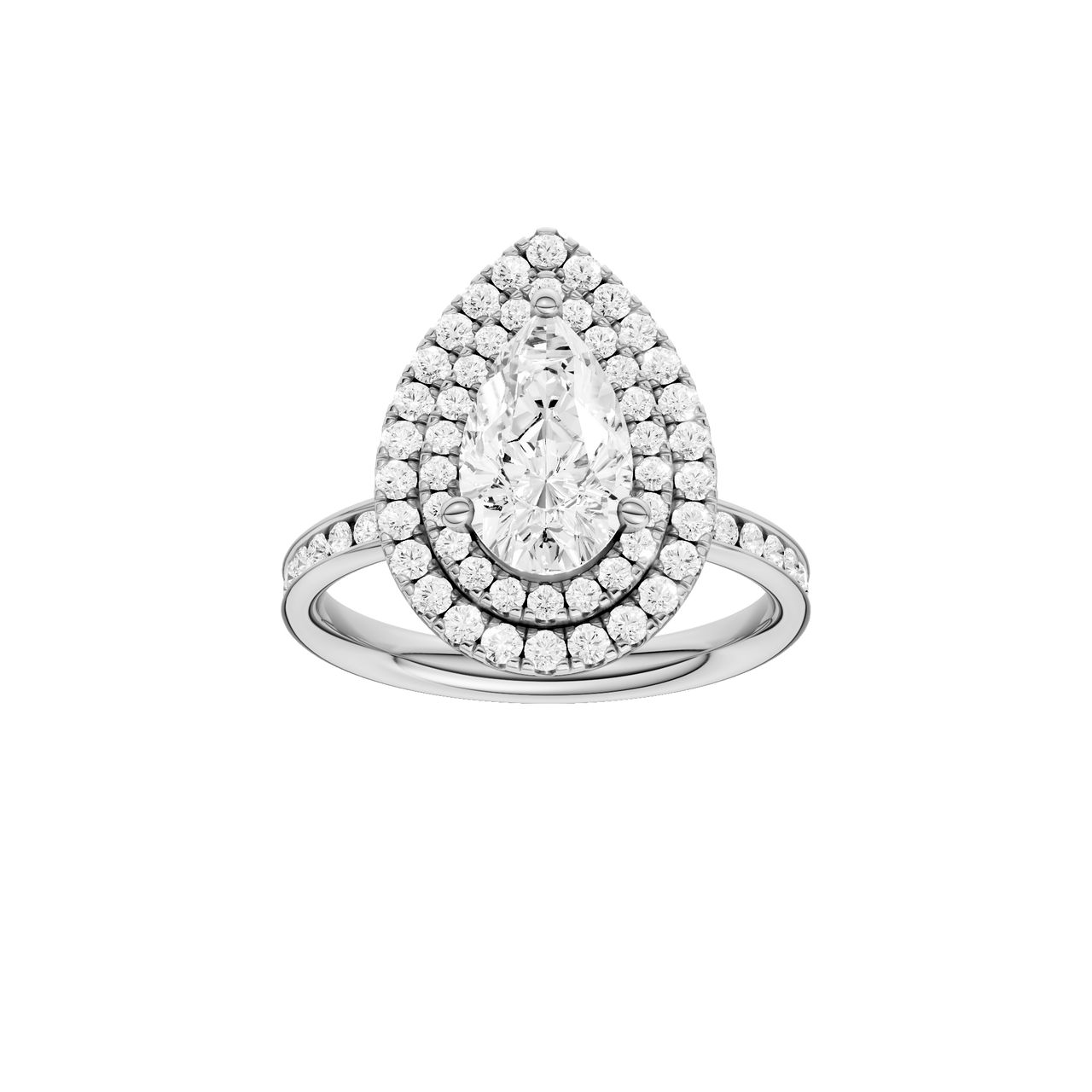 A front view of the Pear cut diamond engagement ring in 14k white gold with a diamond channel band and cathedral setting