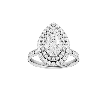 A front view of the Pear cut diamond engagement ring in 14k white gold with a diamond channel band and cathedral setting