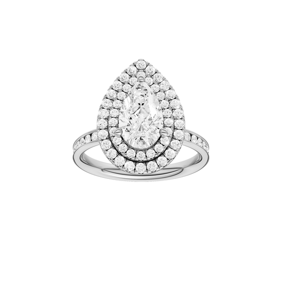 A front view of the Pear cut diamond engagement ring in platinum with a diamond channel band and cathedral setting