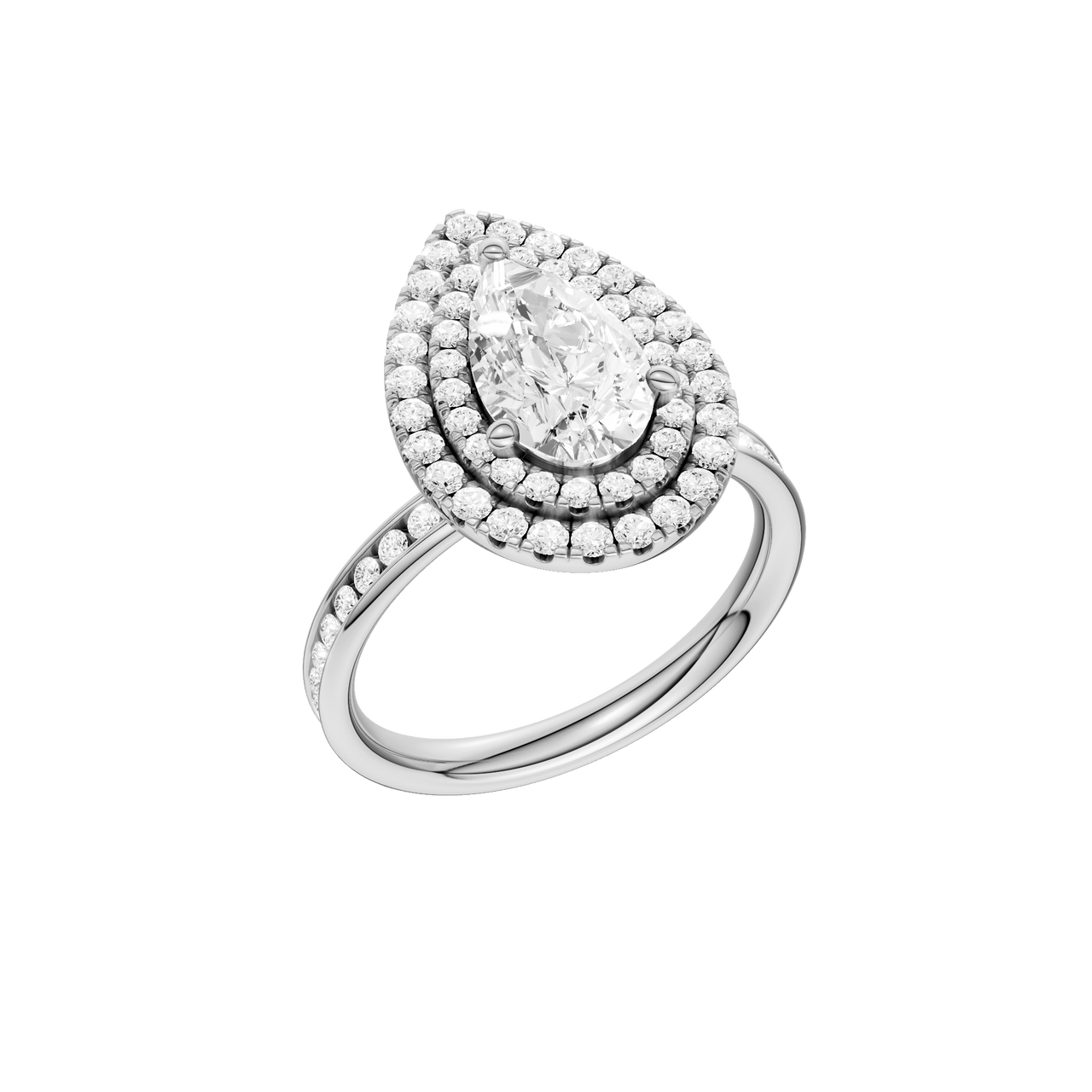 A three-quarter view of the Pear cut diamond engagement ring in platinum with a diamond channel band and cathedral setting