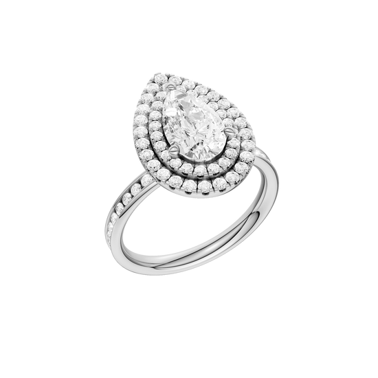 A three-quarter view of the Pear cut diamond engagement ring in 14k white gold with a diamond channel band and cathedral setting