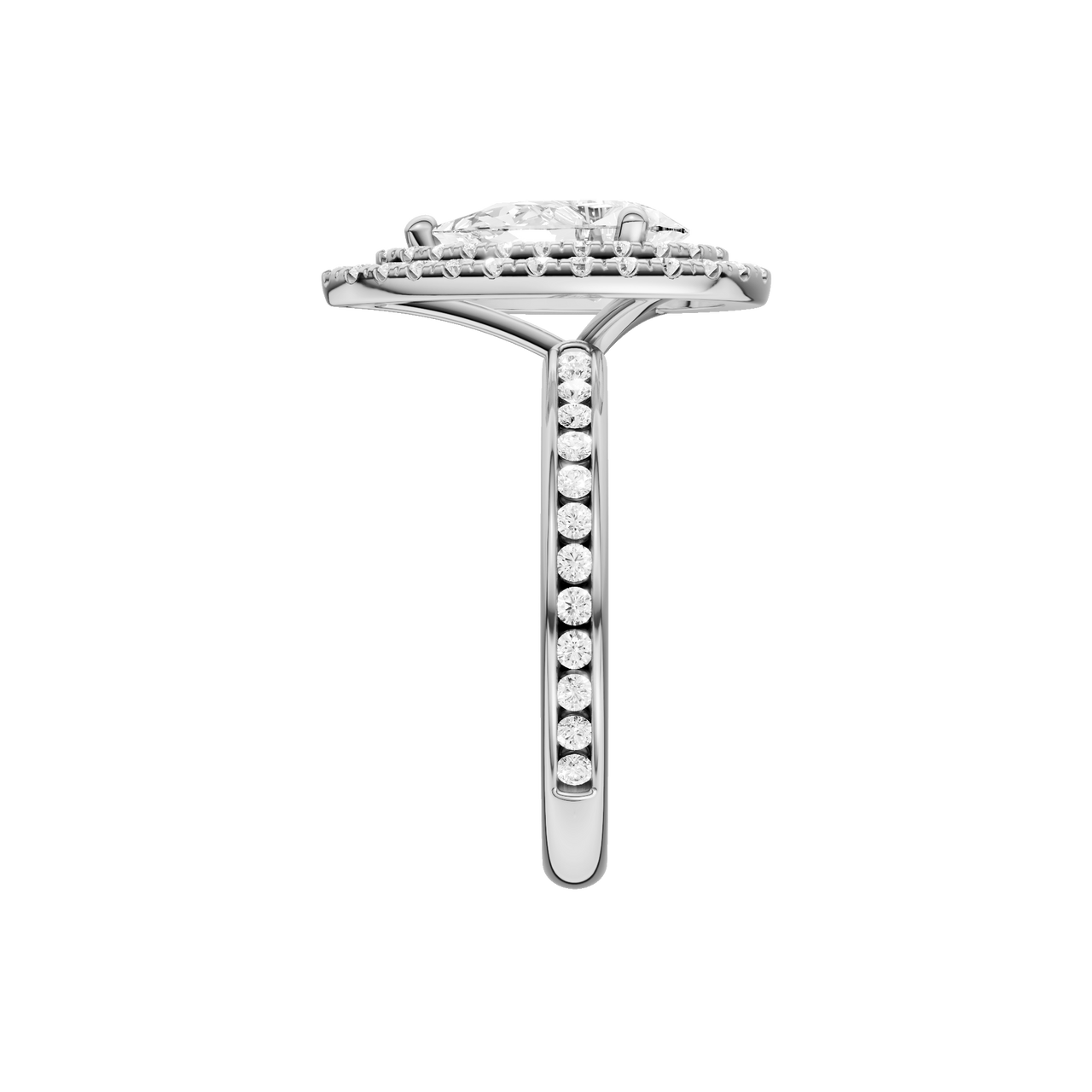 A side view of the Pear cut diamond engagement ring in 14k white gold with a diamond channel band and cathedral setting