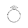 A profile view of the Pear cut diamond engagement ring in 14k white gold with a diamond channel band and cathedral setting