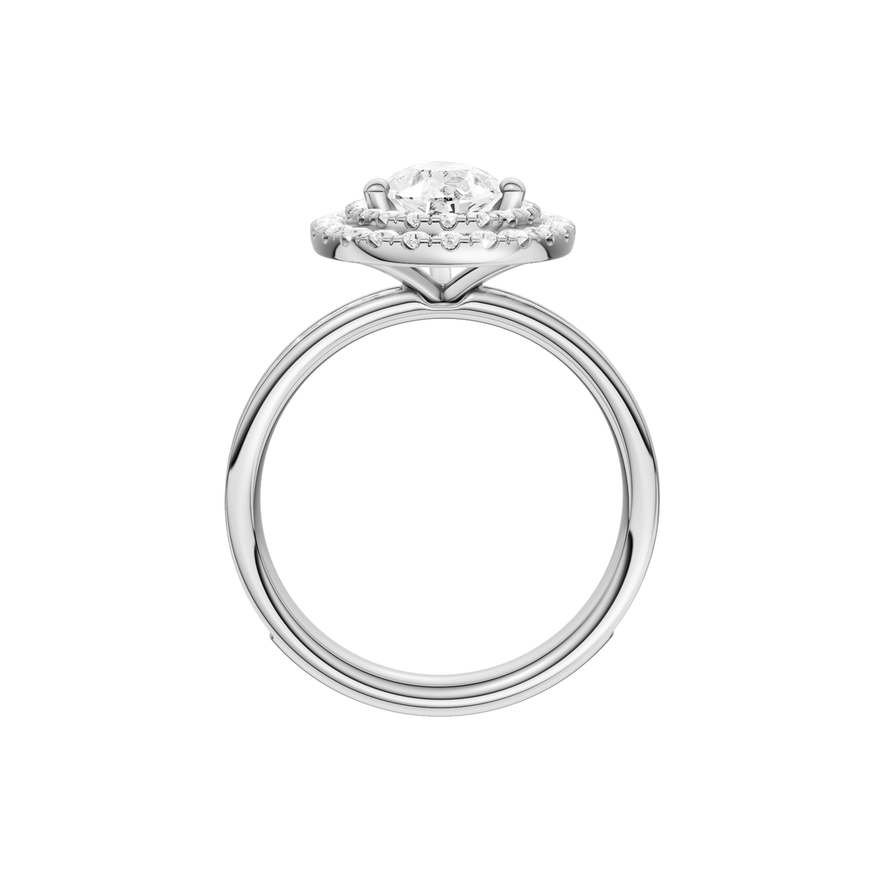 A profile view of the Pear cut diamond engagement ring in platinum with a diamond channel band and cathedral setting