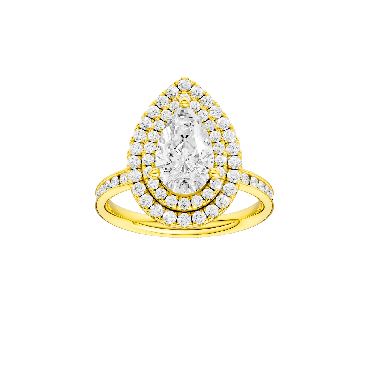 A front view of the Pear cut diamond engagement ring in 14k yellow gold with a diamond channel band and cathedral setting