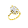 A three-quarter view of the Pear cut diamond engagement ring in 14k yellow gold with a diamond channel band and cathedral setting