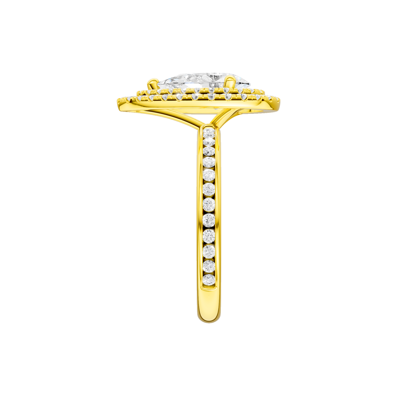 A side view of the Pear cut diamond engagement ring in 14k yellow gold with a diamond channel band and cathedral setting