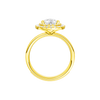 A profile view of the Pear cut diamond engagement ring in 14k yellow gold with a diamond channel band and cathedral setting