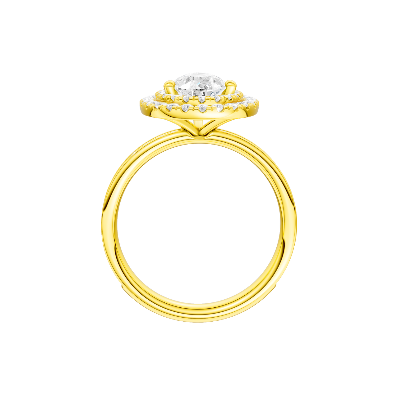 A profile view of the Pear cut diamond engagement ring in 14k yellow gold with a diamond channel band and cathedral setting