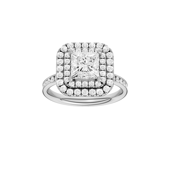 A front view of the Princess cut diamond engagement ring in 14k white gold with a diamond channel band and cathedral setting