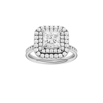 A front view of the Princess cut diamond engagement ring in 14k white gold with a diamond channel band and cathedral setting