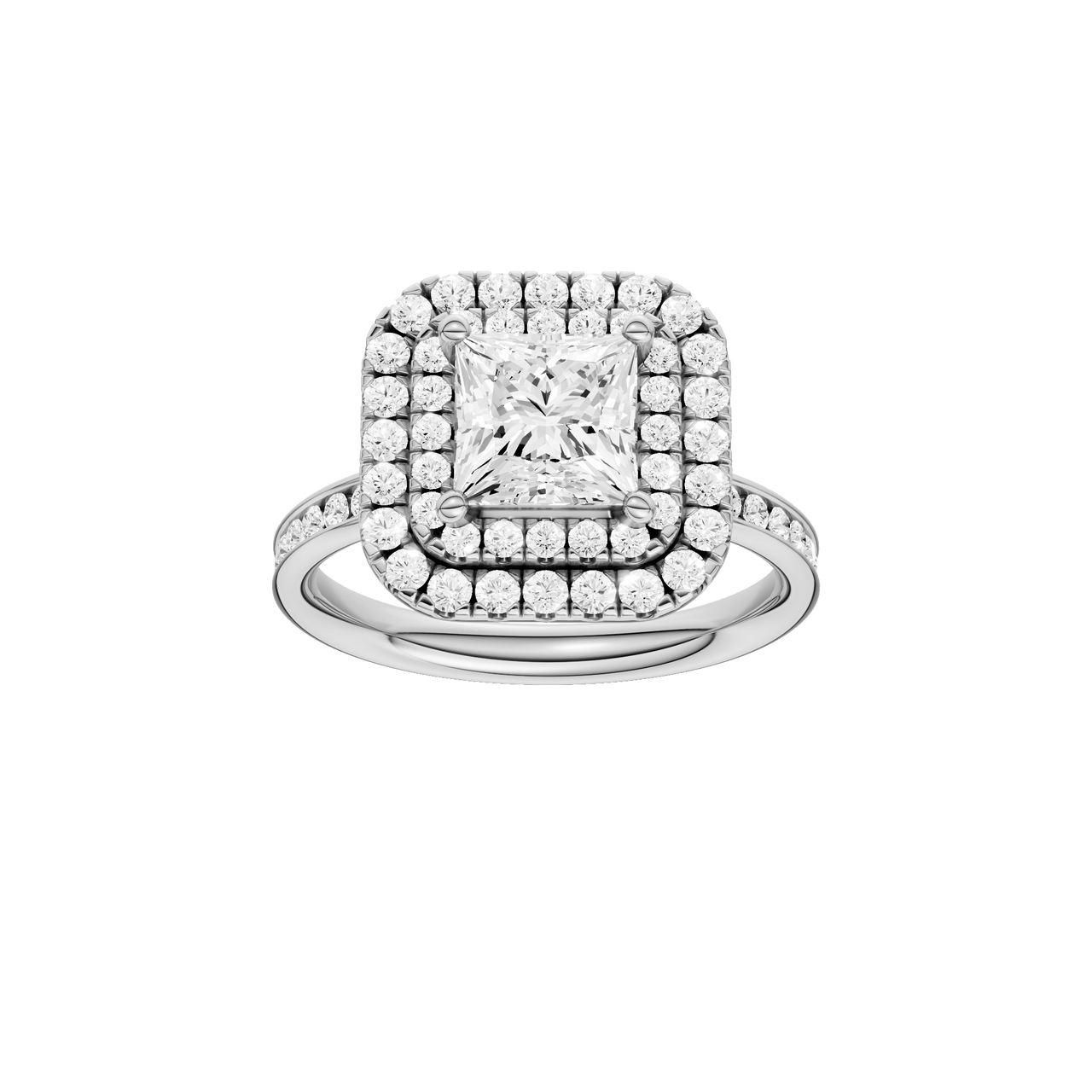 A front view of the Princess cut diamond engagement ring in platinum with a diamond channel band and cathedral setting