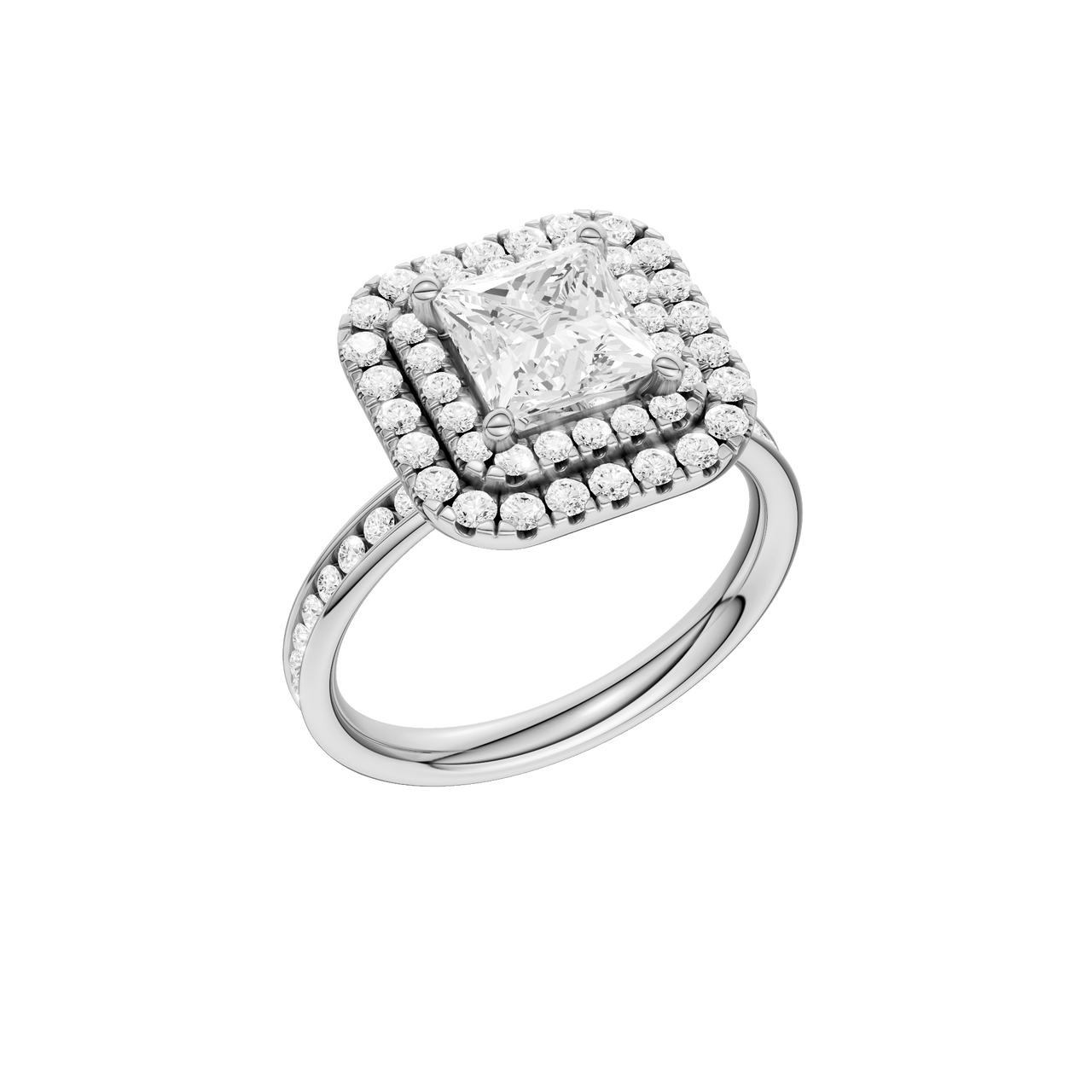 A three-quarter view of the Princess cut diamond engagement ring in 14k white gold with a diamond channel band and cathedral setting