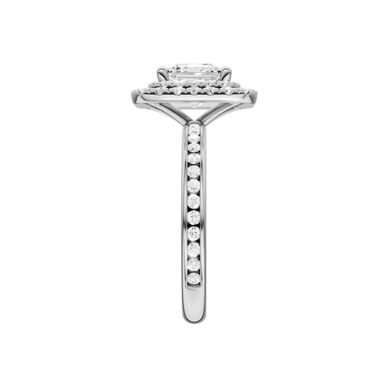 A side view of the Princess cut diamond engagement ring in 14k white gold with a diamond channel band and cathedral setting