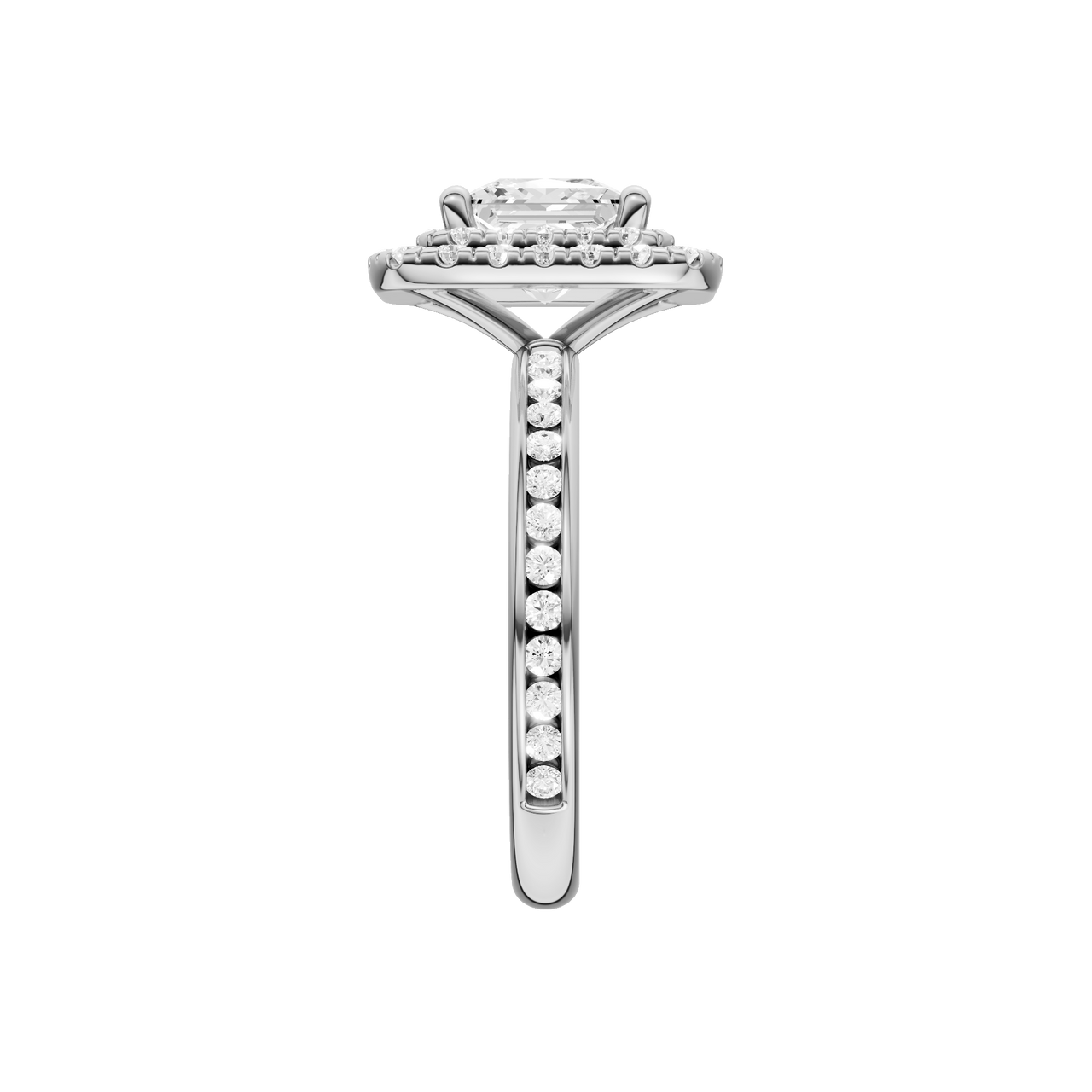 A side view of the Princess cut diamond engagement ring in 14k white gold with a diamond channel band and cathedral setting