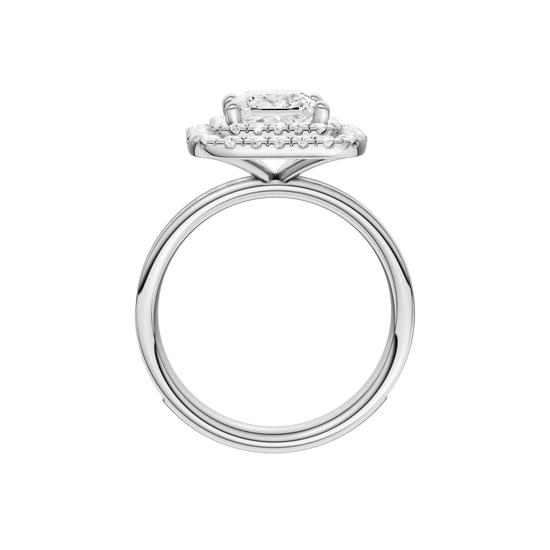 A profile view of the Princess cut diamond engagement ring in 14k white gold with a diamond channel band and cathedral setting