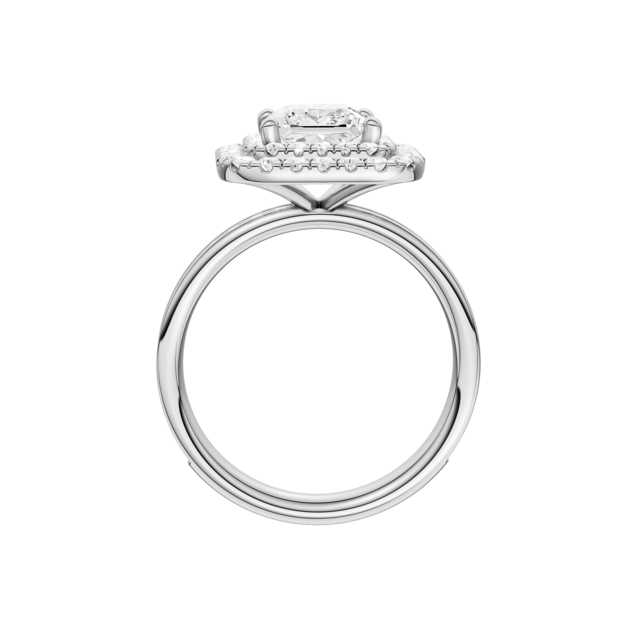A profile view of the Princess cut diamond engagement ring in 14k white gold with a diamond channel band and cathedral setting