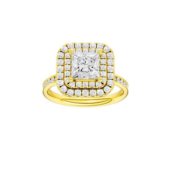 A front view of the Princess cut diamond engagement ring in 14k yellow gold with a diamond channel band and cathedral setting