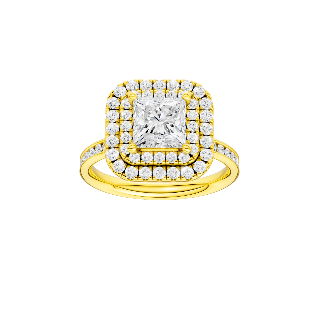A front view of the Princess cut diamond engagement ring in 14k yellow gold with a diamond channel band and cathedral setting
