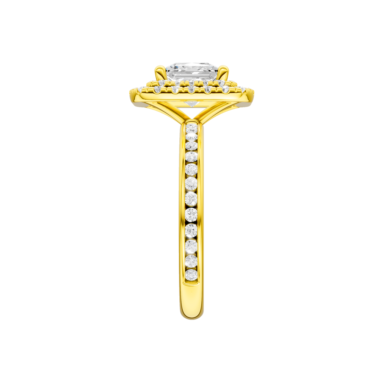 A side view of the Princess cut diamond engagement ring in 14k yellow gold with a diamond channel band and cathedral setting