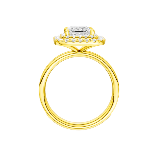 A profile view of the Princess cut diamond engagement ring in 14k yellow gold with a diamond channel band and cathedral setting