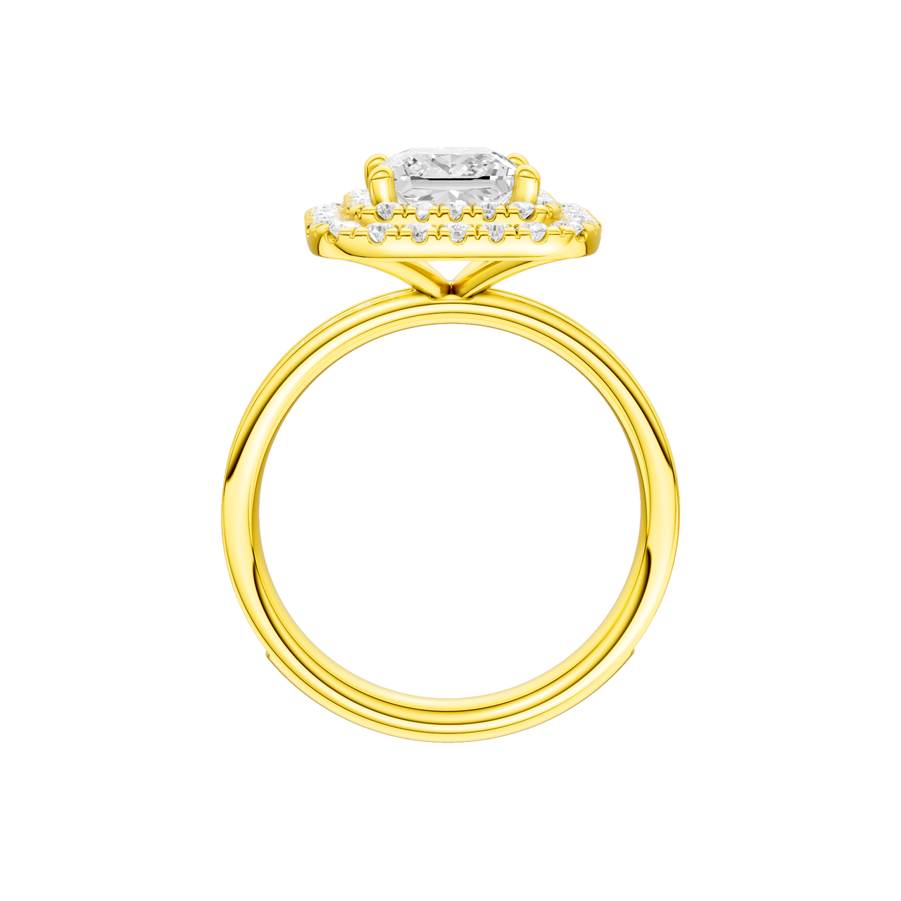 A profile view of the Princess cut diamond engagement ring in 14k yellow gold with a diamond channel band and cathedral setting