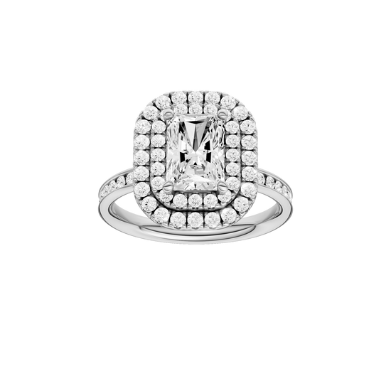 A front view of the Radiant cut diamond engagement ring in 14k white gold with a diamond channel band and cathedral setting