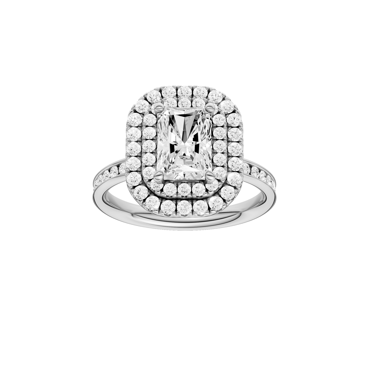 A front view of the Radiant cut diamond engagement ring in 14k white gold with a diamond channel band and cathedral setting