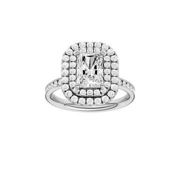 A front view of the Radiant cut diamond engagement ring in 14k white gold with a diamond channel band and cathedral setting