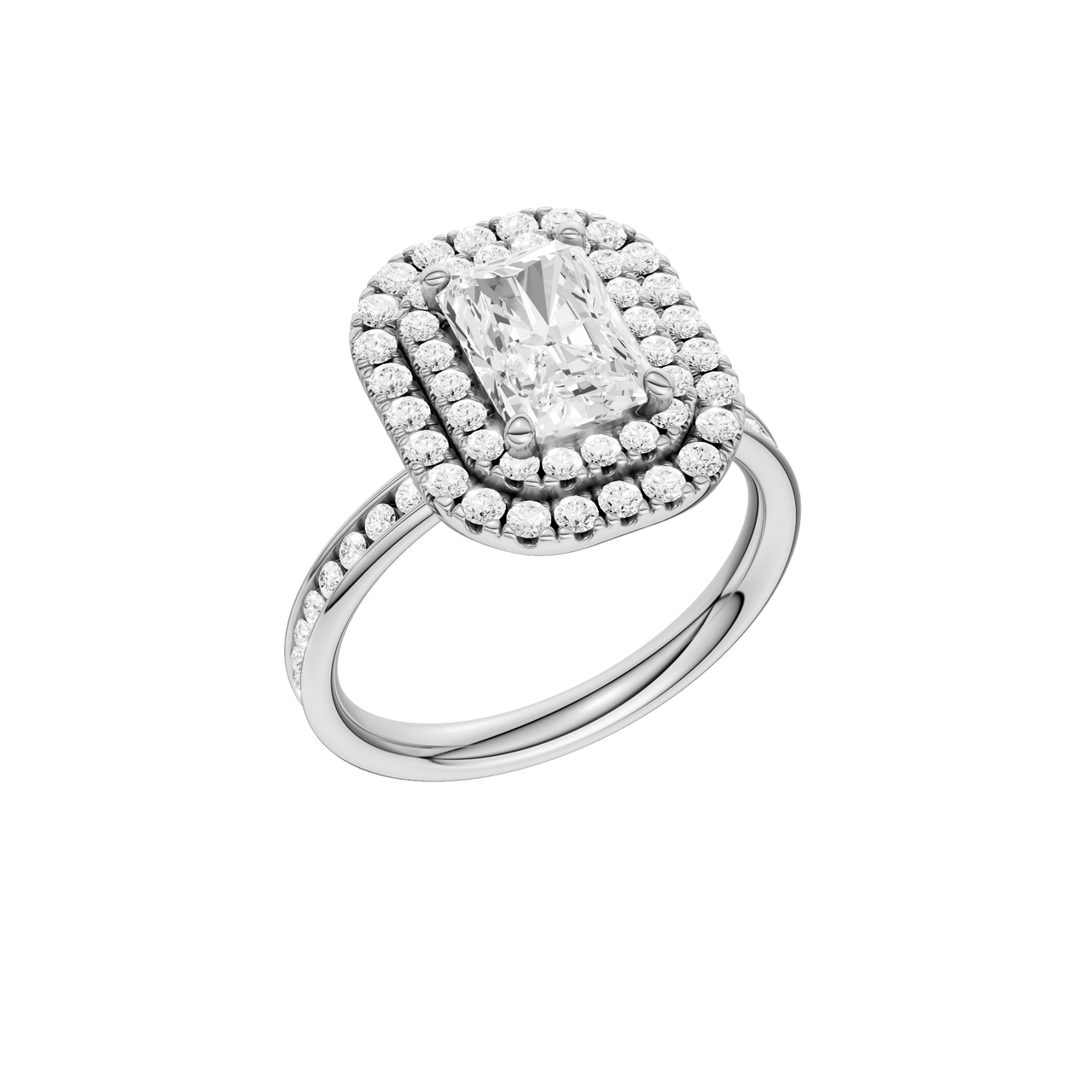 A three-quarter view of the Radiant cut diamond engagement ring in platinum with a diamond channel band and cathedral setting