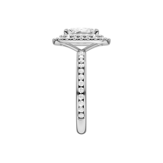 A side view of the Radiant cut diamond engagement ring in platinum with a diamond channel band and cathedral setting
