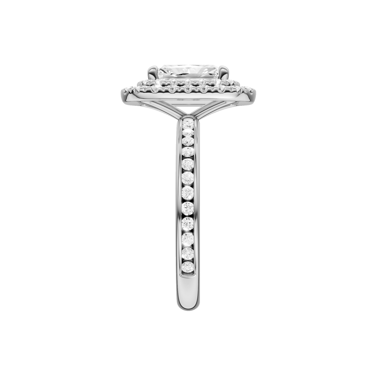 A side view of the Radiant cut diamond engagement ring in platinum with a diamond channel band and cathedral setting