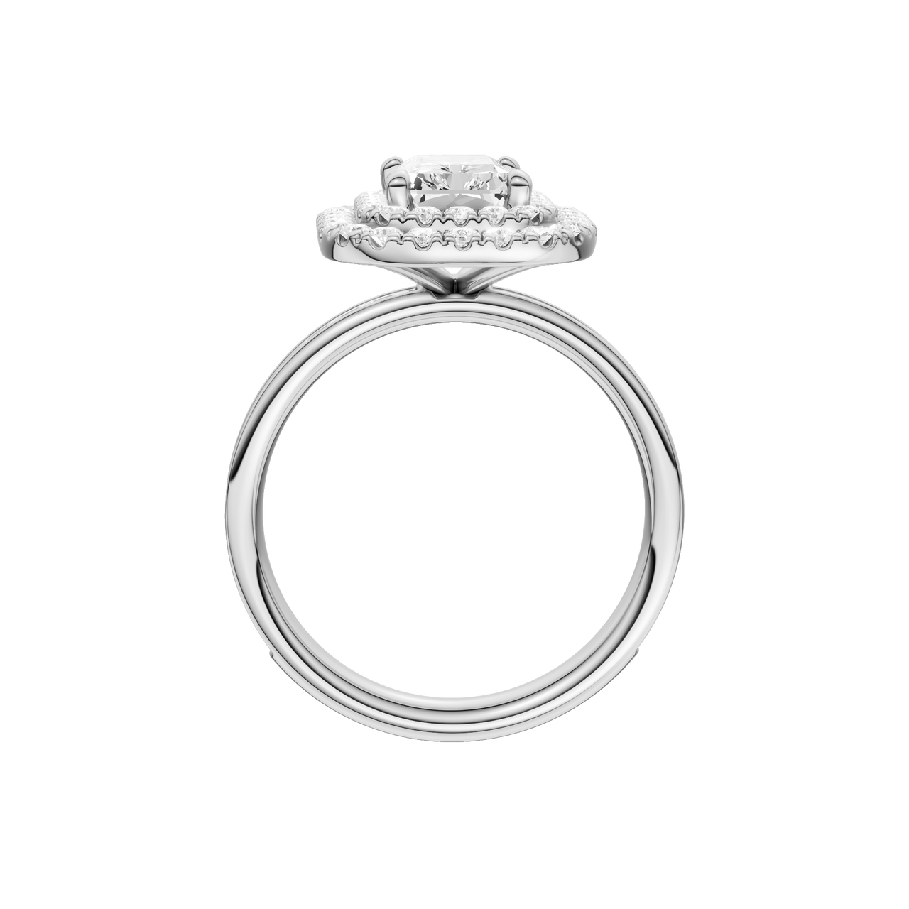 A profile view of the Radiant cut diamond engagement ring in platinum with a diamond channel band and cathedral setting