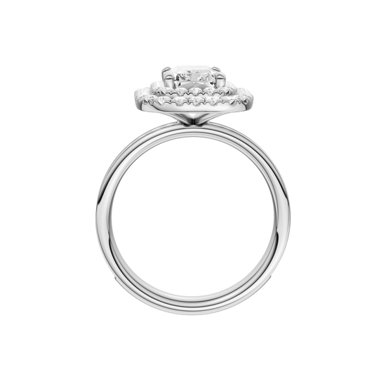A profile view of the Radiant cut diamond engagement ring in 14k white gold with a diamond channel band and cathedral setting