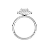 A profile view of the Radiant cut diamond engagement ring in 14k white gold with a diamond channel band and cathedral setting