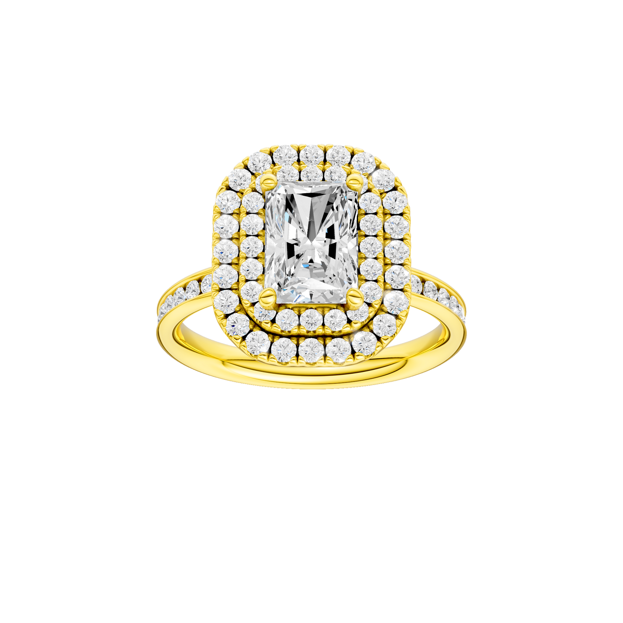 A front view of the Radiant cut diamond engagement ring in 14k yellow gold with a diamond channel band and cathedral setting