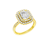 A three-quarter view of the Radiant cut diamond engagement ring in 14k yellow gold with a diamond channel band and cathedral setting