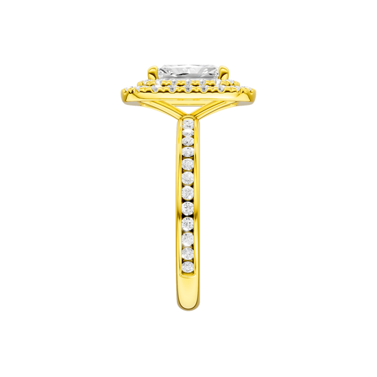 A side view of the Radiant cut diamond engagement ring in 14k yellow gold with a diamond channel band and cathedral setting