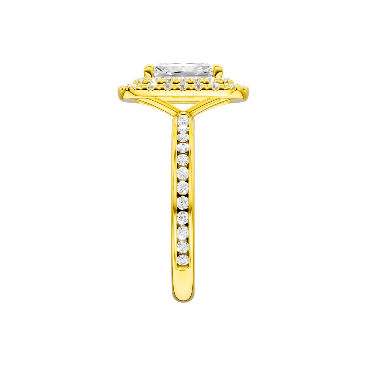 A side view of the Radiant cut diamond engagement ring in 14k yellow gold with a diamond channel band and cathedral setting