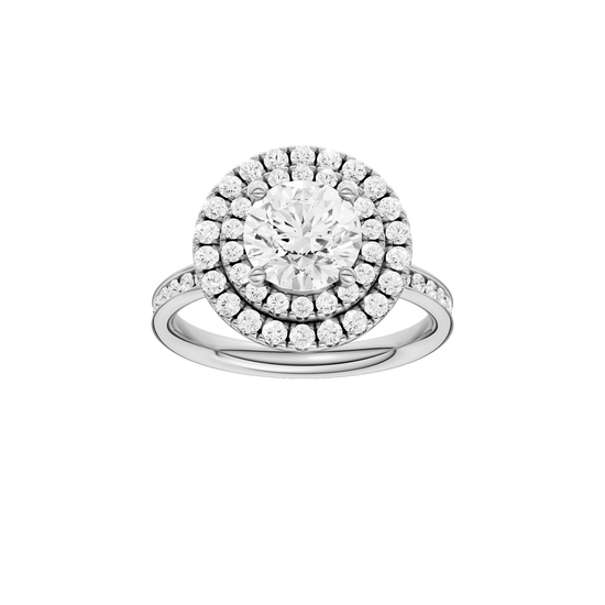 A front view of the Round cut diamond engagement ring in platinum with a diamond channel band and cathedral setting