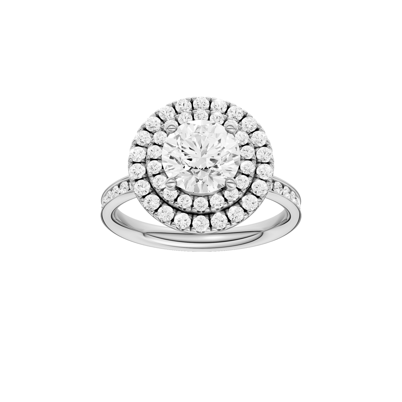 A front view of the Round cut diamond engagement ring in platinum with a diamond channel band and cathedral setting