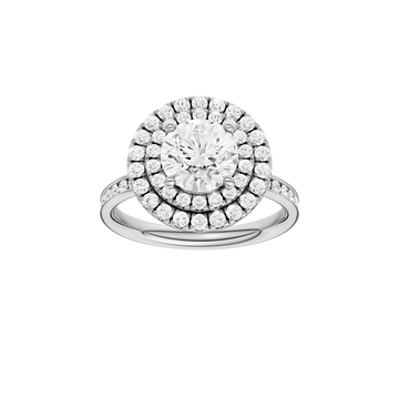 A front view of the Round cut diamond engagement ring in 14k white gold with a diamond channel band and cathedral setting