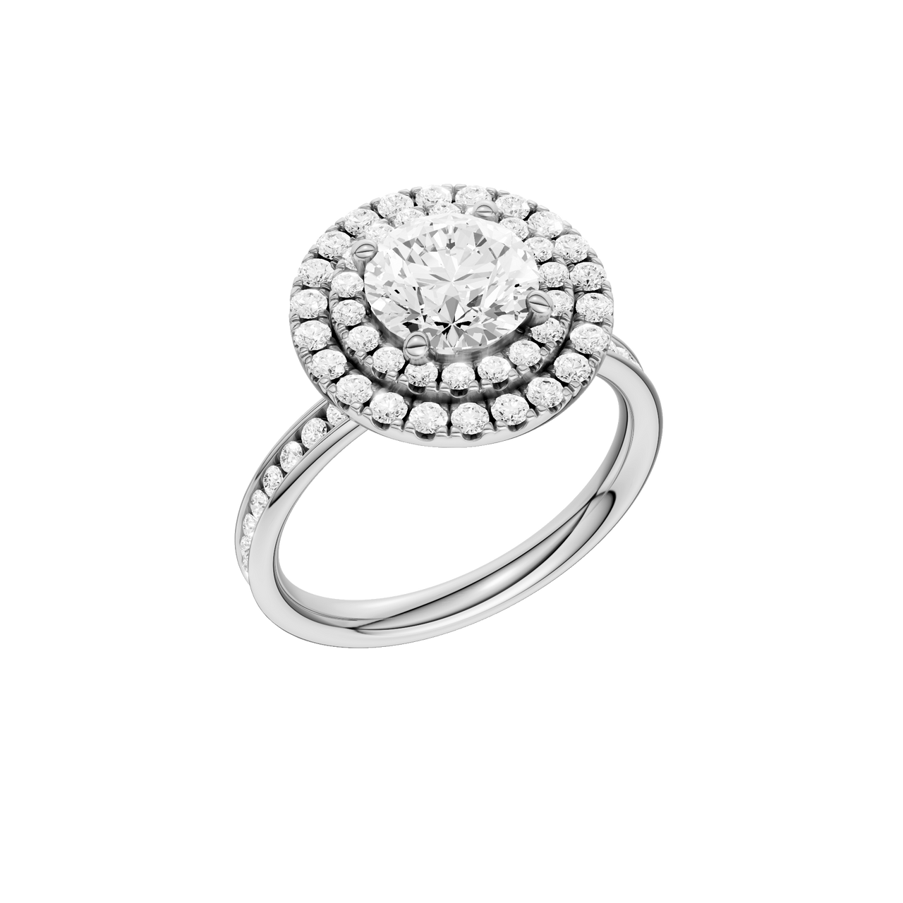 A three-quarter view of the Round cut diamond engagement ring in 14k white gold with a diamond channel band and cathedral setting
