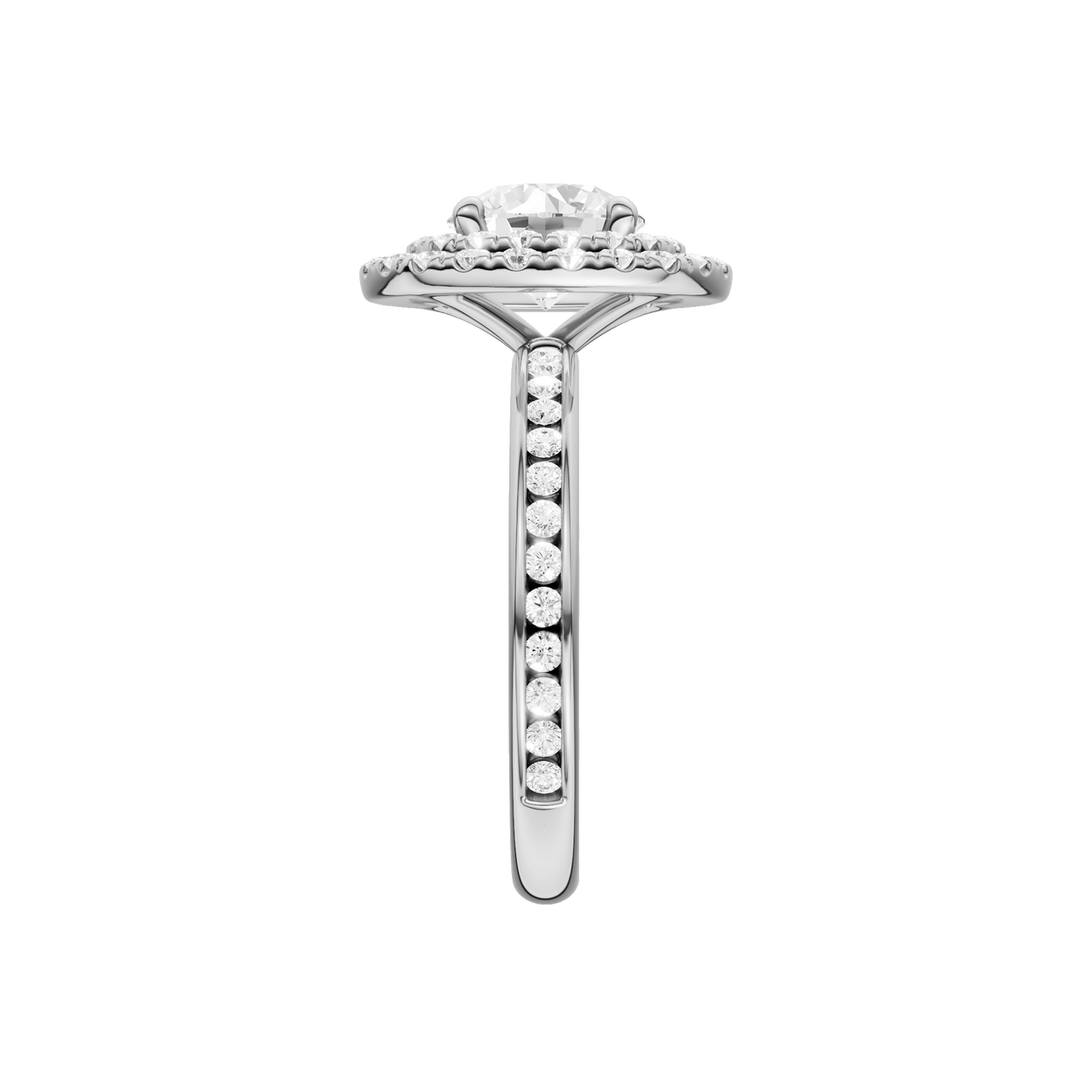 A side view of the Round cut diamond engagement ring in platinum with a diamond channel band and cathedral setting