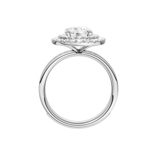 A profile view of the Round cut diamond engagement ring in platinum with a diamond channel band and cathedral setting