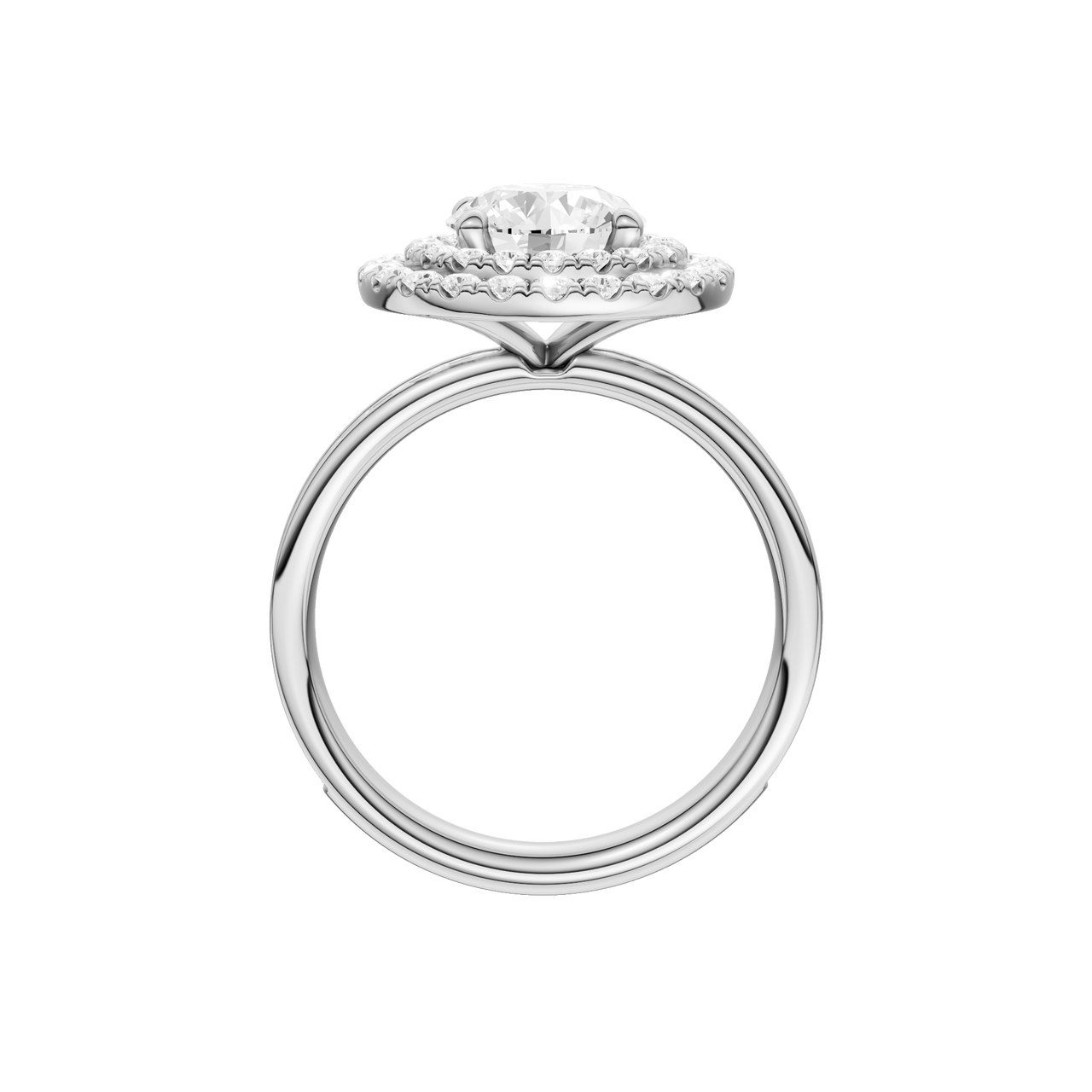 A profile view of the Round cut diamond engagement ring in 14k white gold with a diamond channel band and cathedral setting