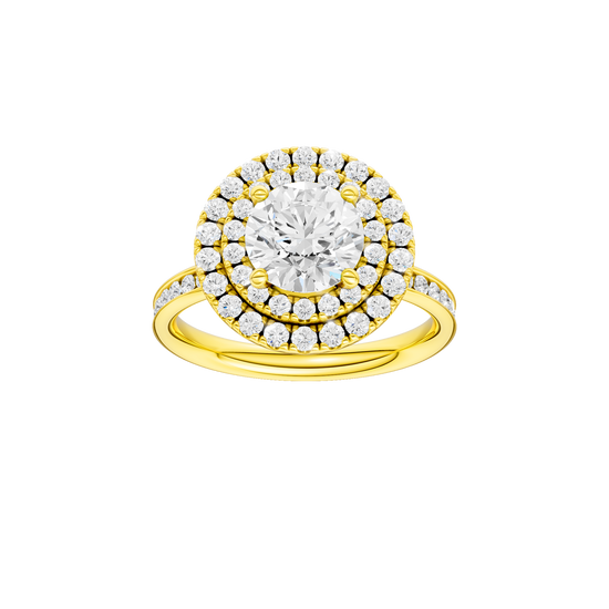 A front view of the Round cut diamond engagement ring in 14k yellow gold with a diamond channel band and cathedral setting