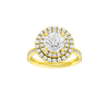 A front view of the Round cut diamond engagement ring in 14k yellow gold with a diamond channel band and cathedral setting