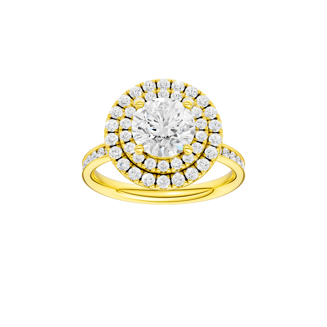 A front view of the Round cut diamond engagement ring in 14k yellow gold with a diamond channel band and cathedral setting